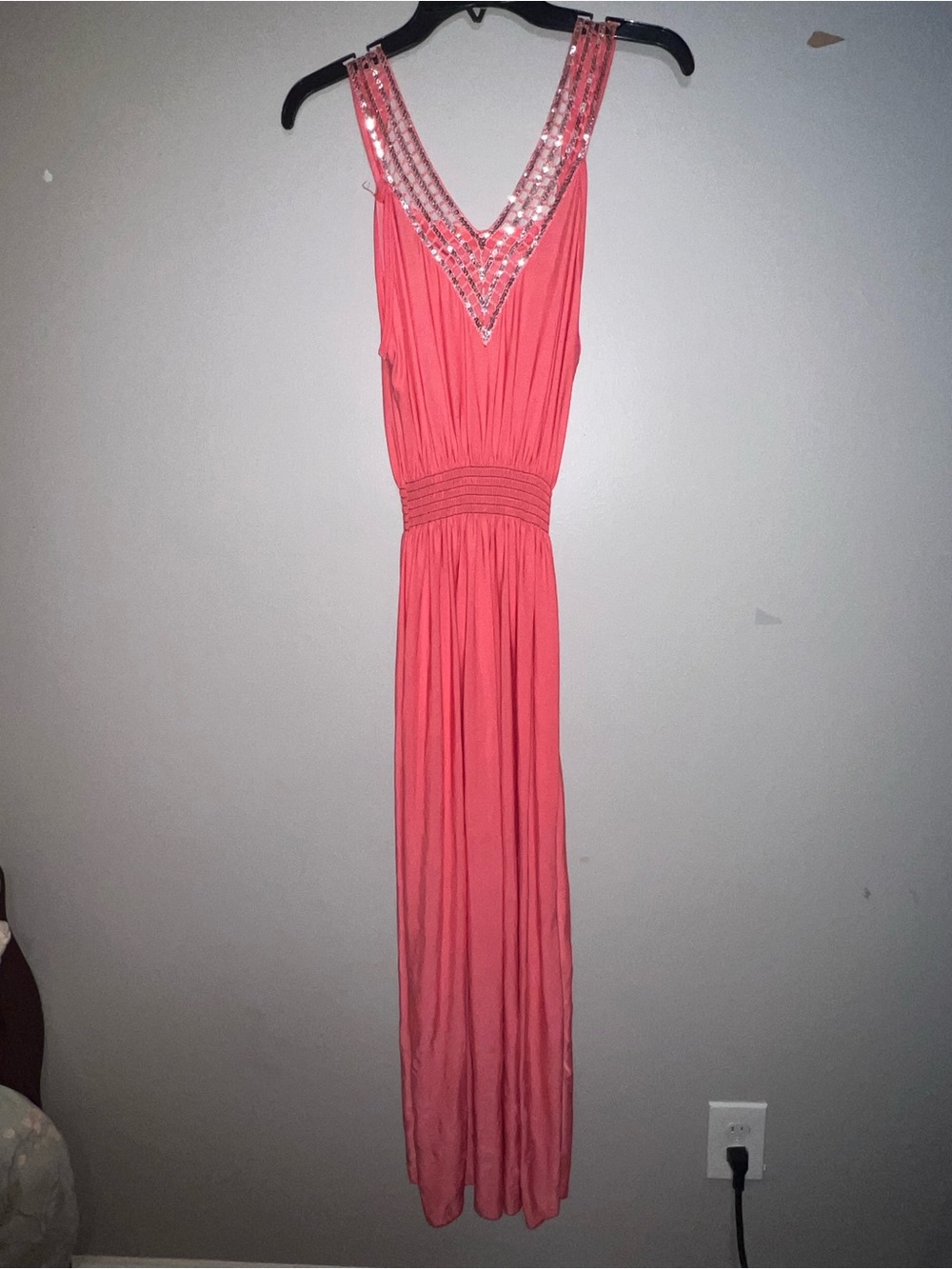 Coral V-Neck Maxi Dress with Embellished Straps